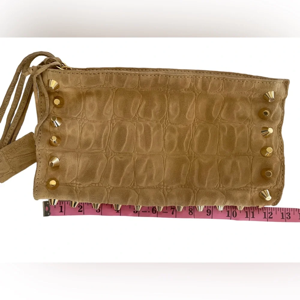 Linea Pelle Designer Clutch Tan Suede Leather Animal Print Gold Studs Lined